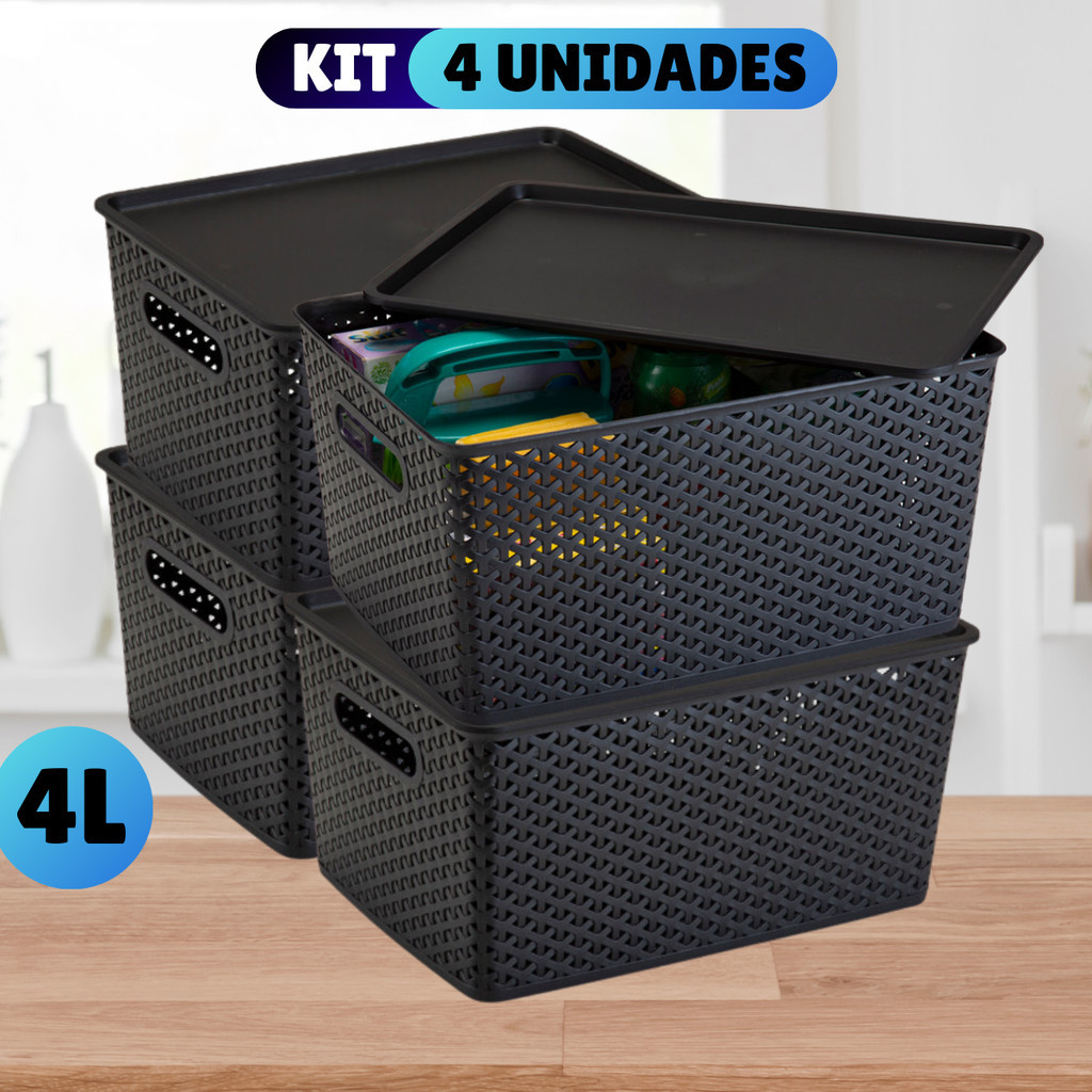 Kit Com 4 Cesto Caixa Organizadora Rattan Com Tamp