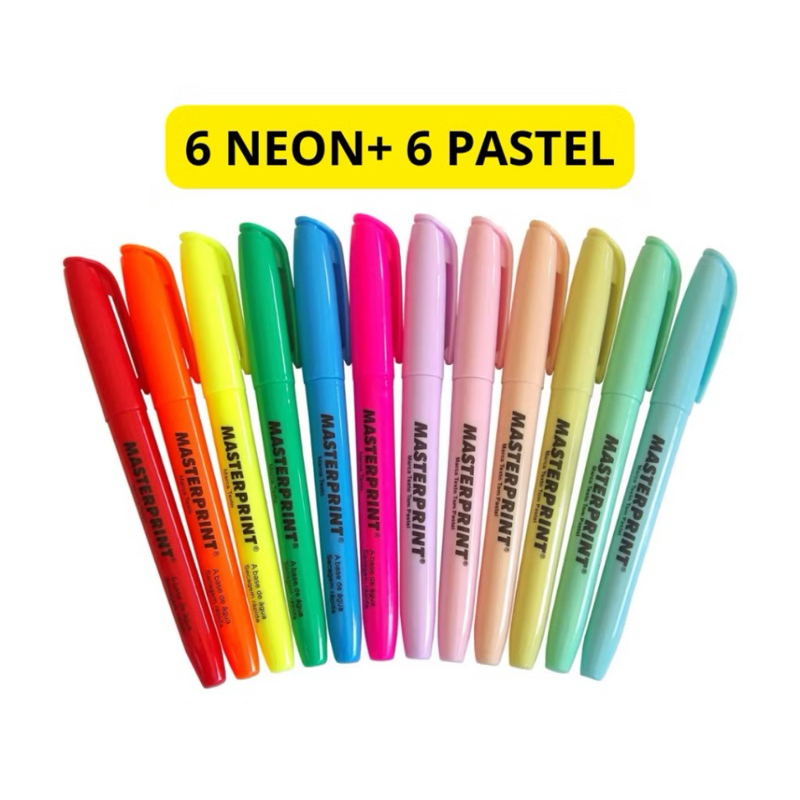 Kit 12 marca texto masterprint (6 neon + 6 pasteis