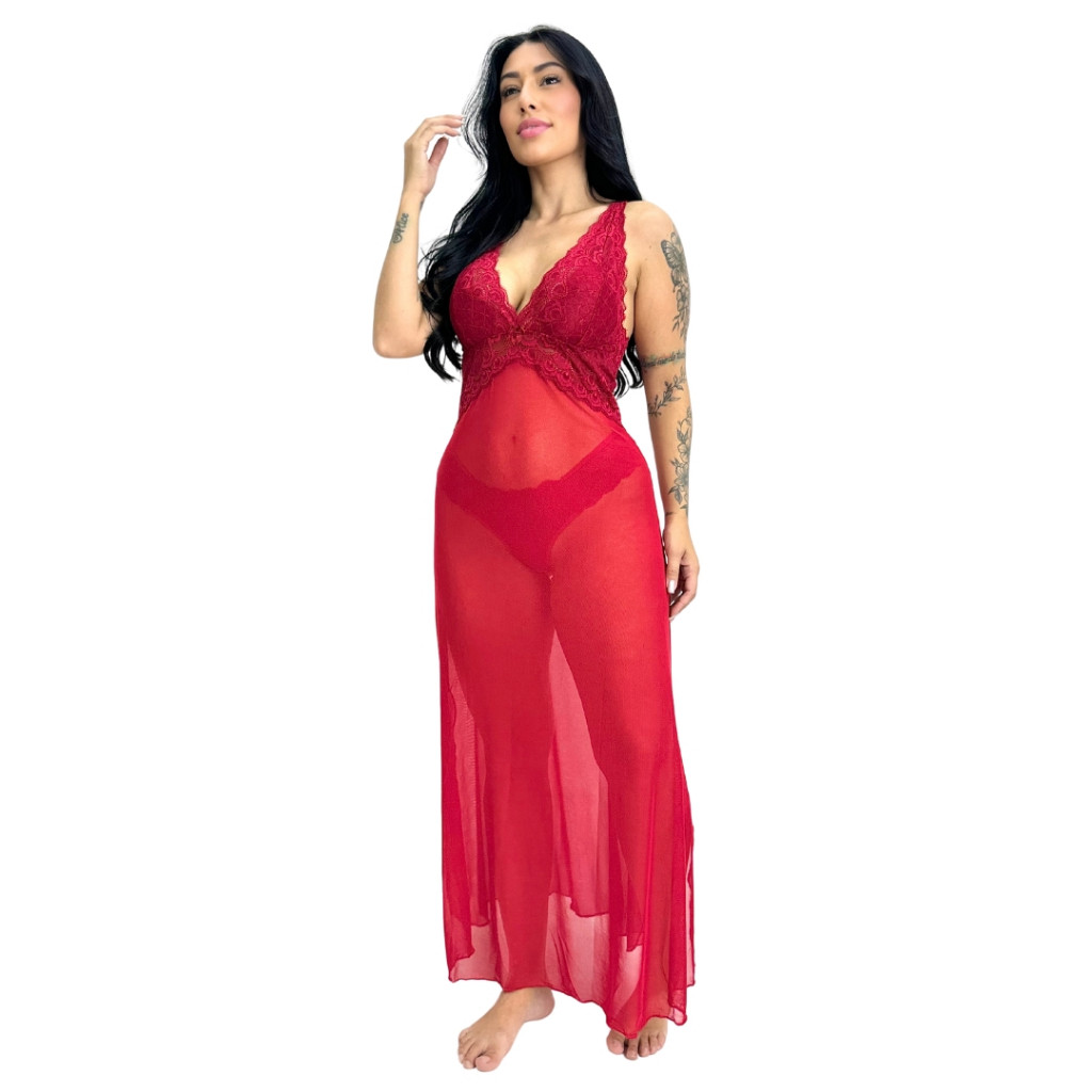 Camisola Tule Transparente sem Bojo Sensual Longa