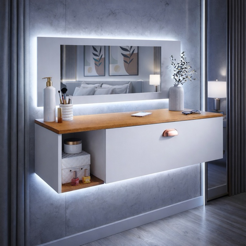 Penteadeira Camarim Suspensa com Espelho, Gaveta c