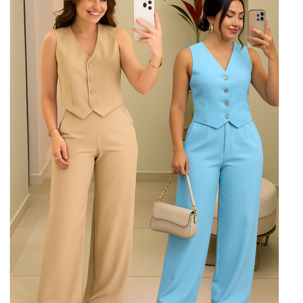 CONJUNTO ABIGAIL COLETE E CALÇA   ESTILOSO E VERS