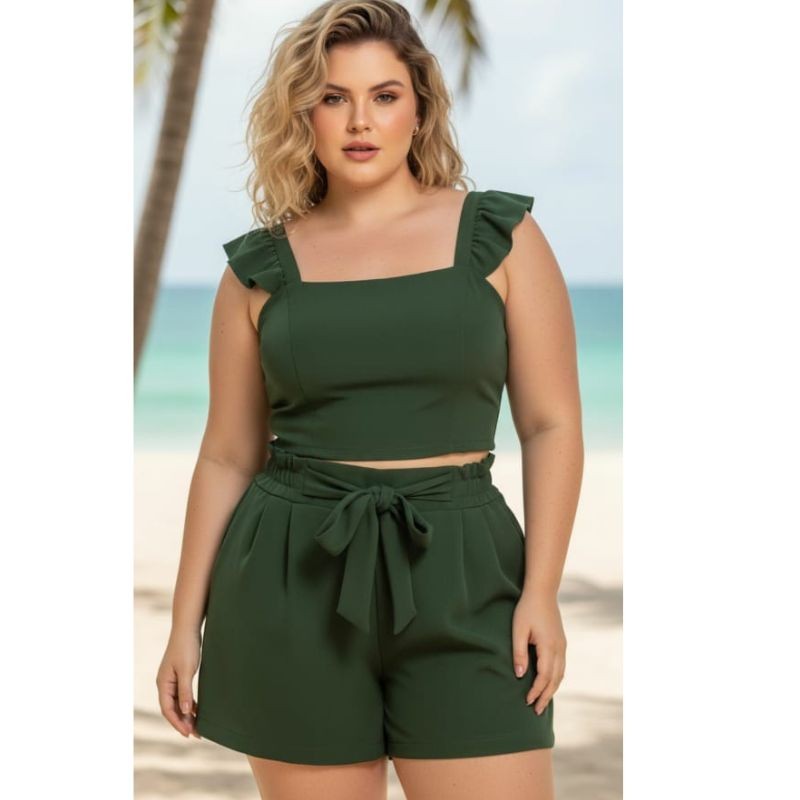 Conjunto Feminino Plus Size Cropped e Short com Am