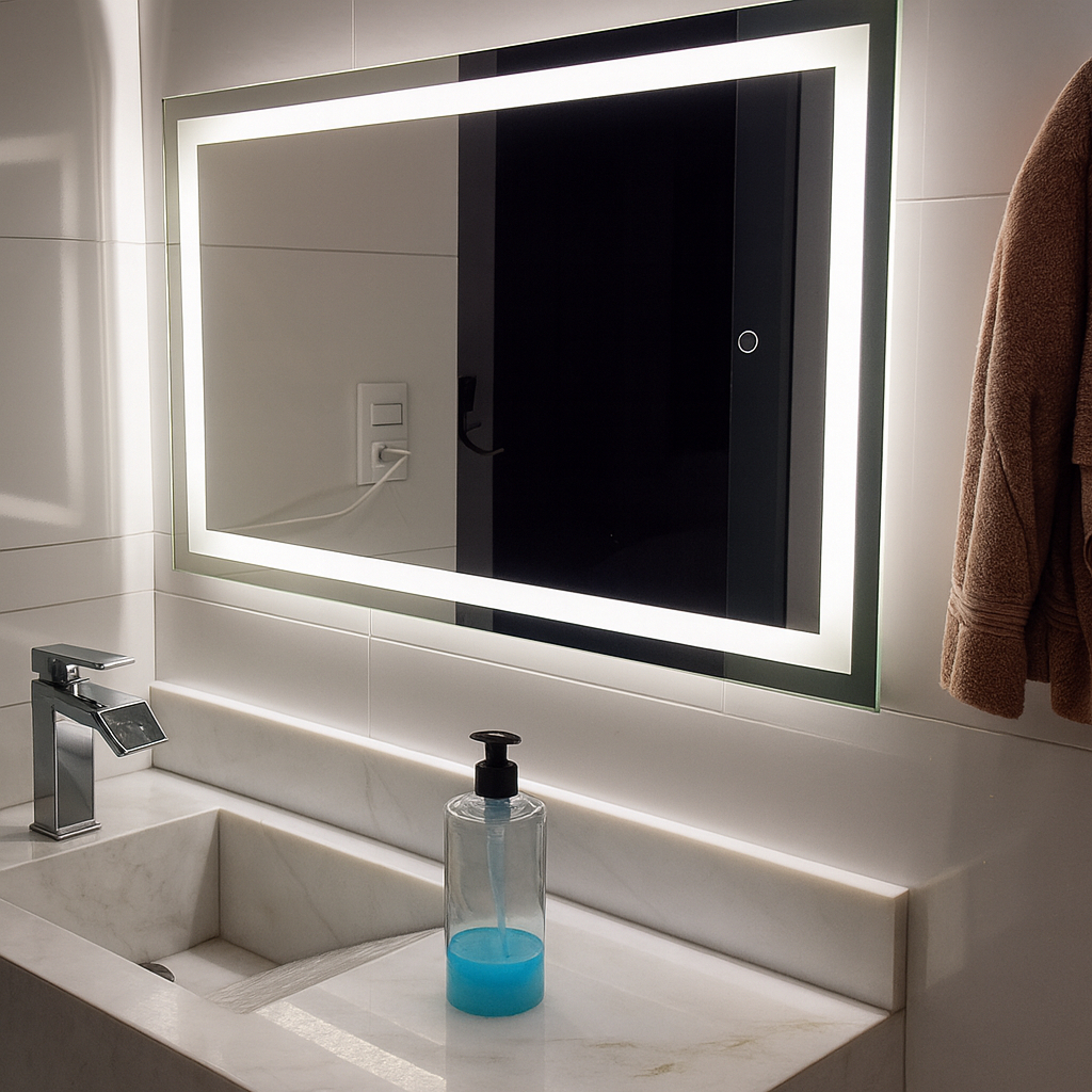 Espelho Grande Retangular com Led Jateado e Botão