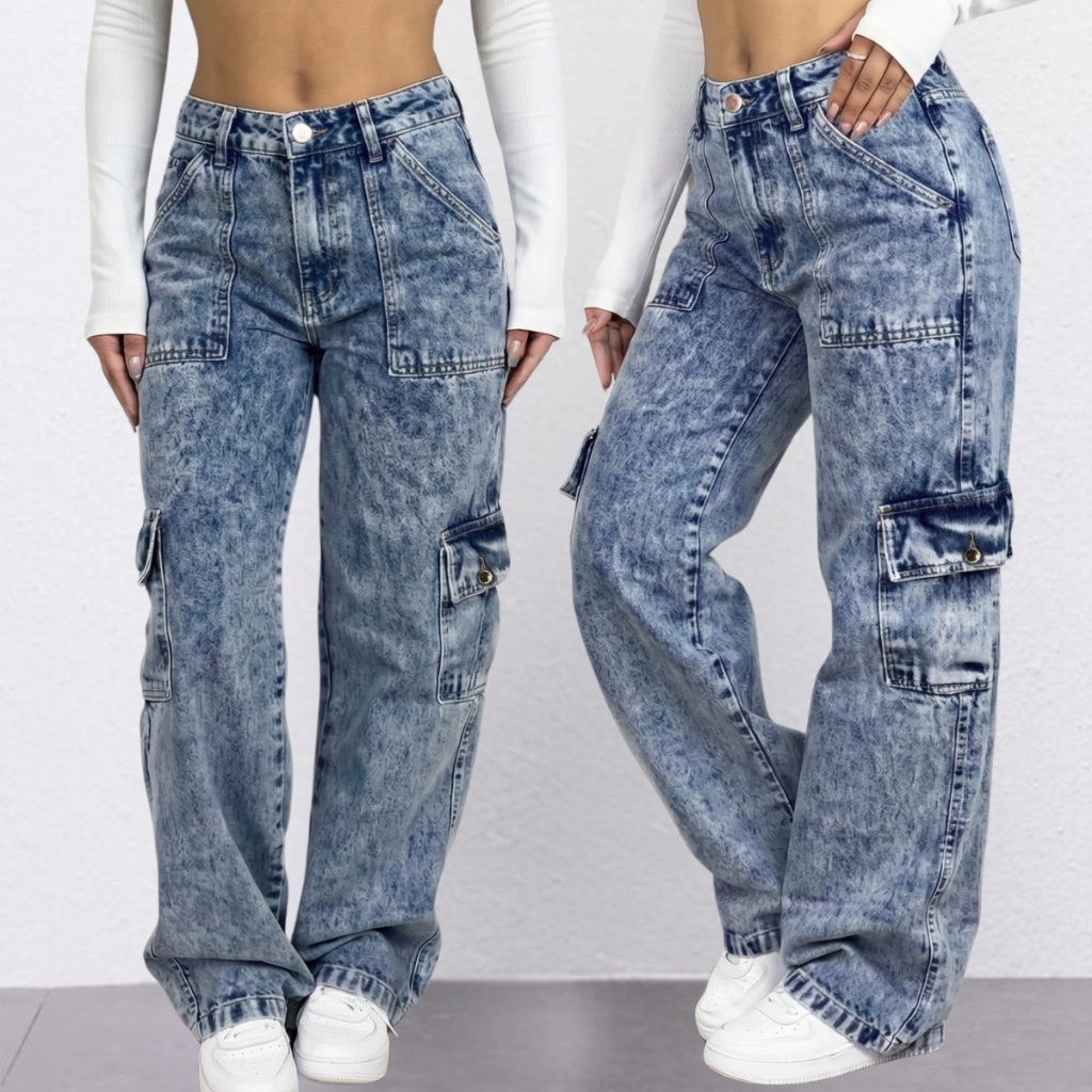 Calça Cargo Jeans Wide Leg Feminina com Bolso Lat