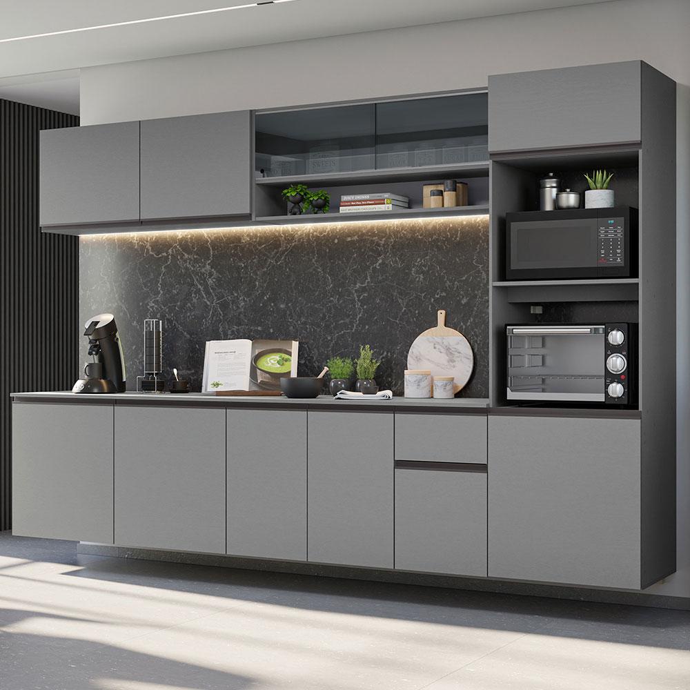 Armário de Cozinha Completa Suspenso 300cm Cinza 