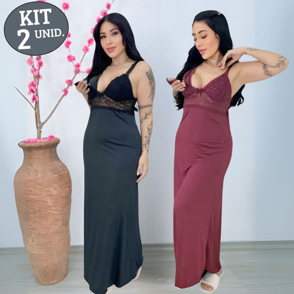 KIT 02 Camisolas Amamentação LONGA Luxo com Deta