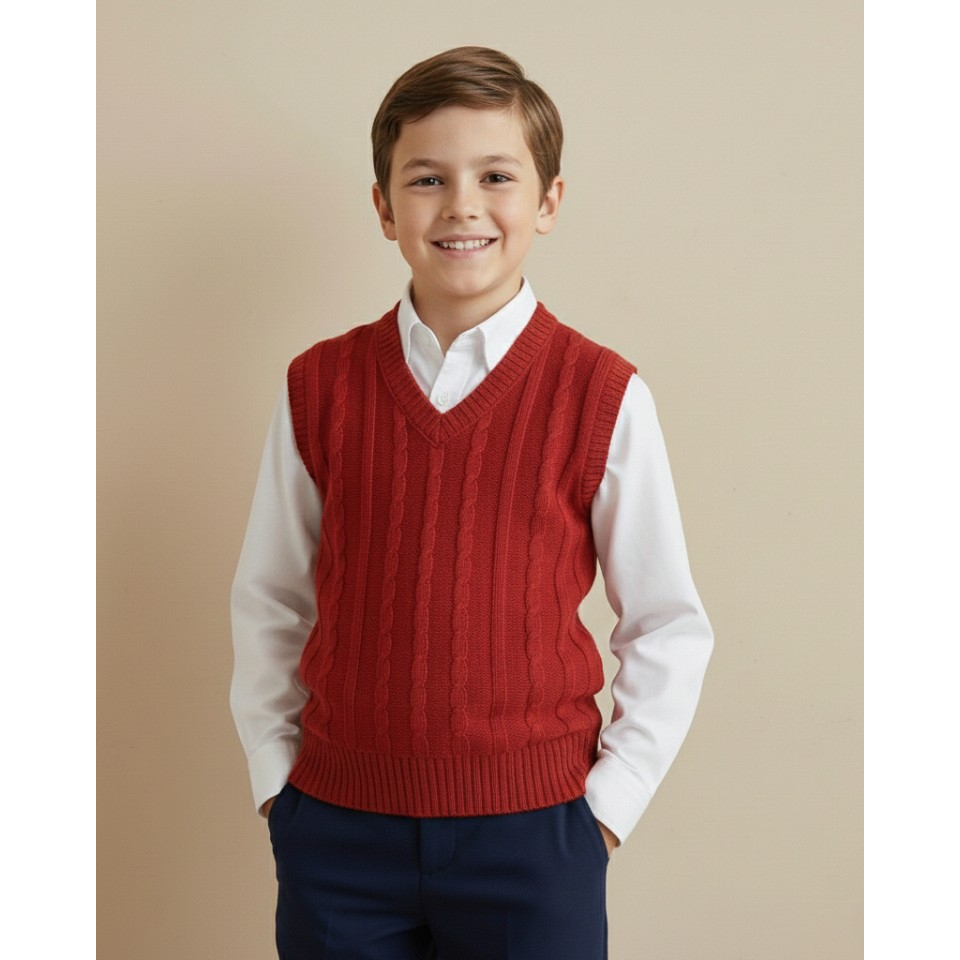 Colete Infantil Tricot Trança Vermelho Menino e M