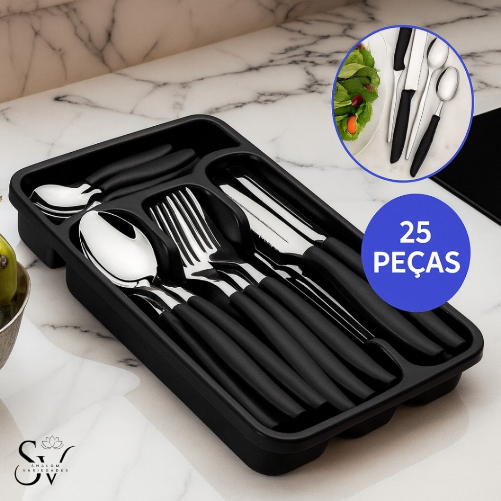 Conjunto de Talheres Aço Inox 24 Peças + Suporte