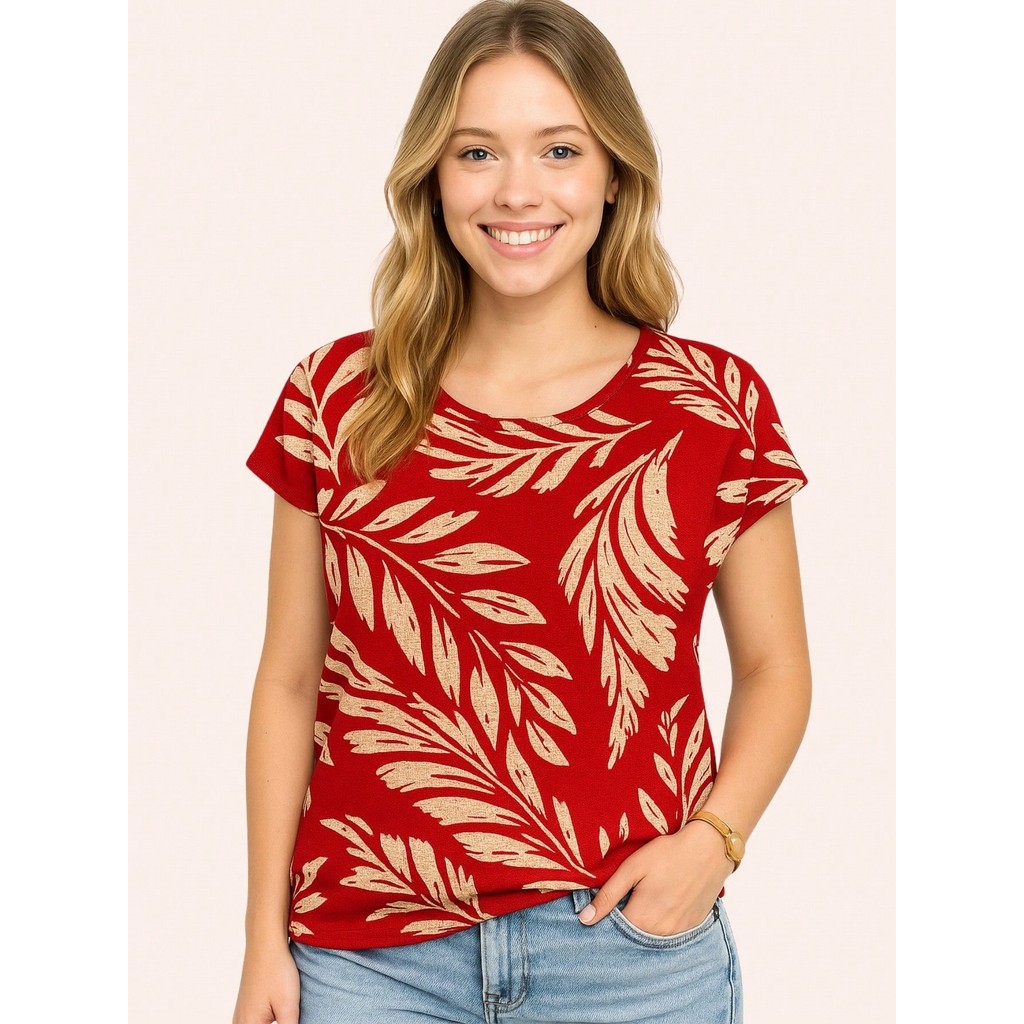 Blusa soltinha malha crepe estampada decote redond