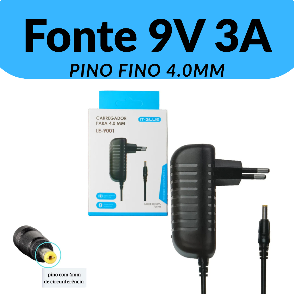 Fonte Carregador 9V 3A Pino Fino 4.0mm Bivolt Caix
