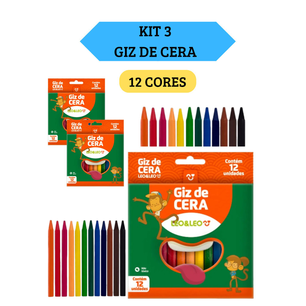 Kit 3 Caixas de Giz de Cera Fino 88mm Caixa com 12