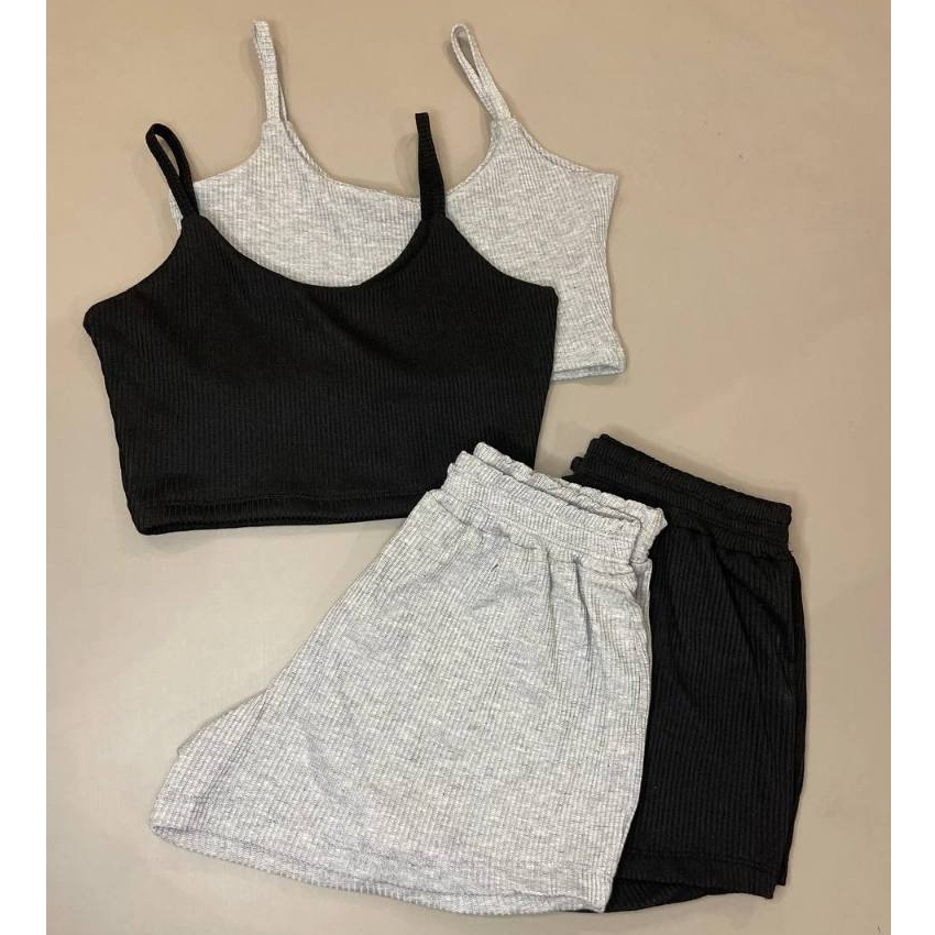 Kit 2 Conjuntos Feminino Short e Cropped Canelado 