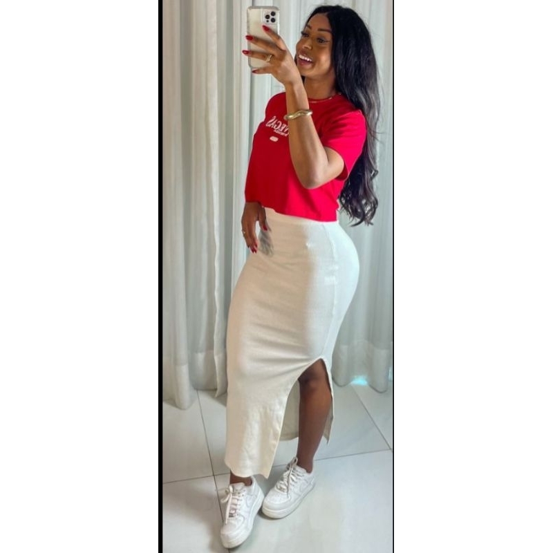 saia Midi femenino tecido ribana 100% algodão com