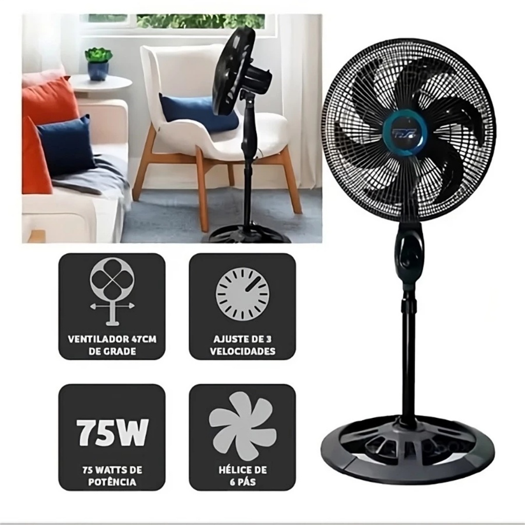 Ventilador De Coluna Preto 40cm Turbo 6 Pás venti