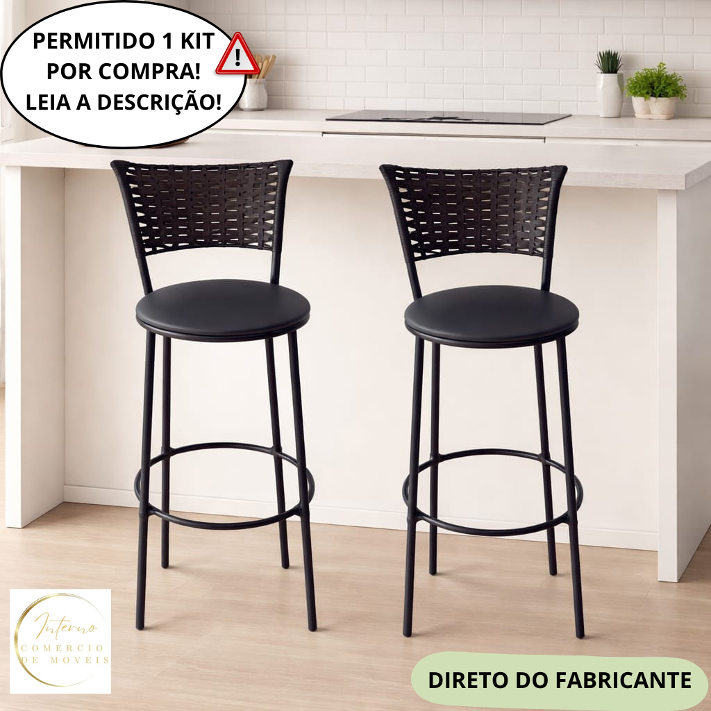 Jogo de 2 Banquetas Alta De Fibra Sintética PRETO