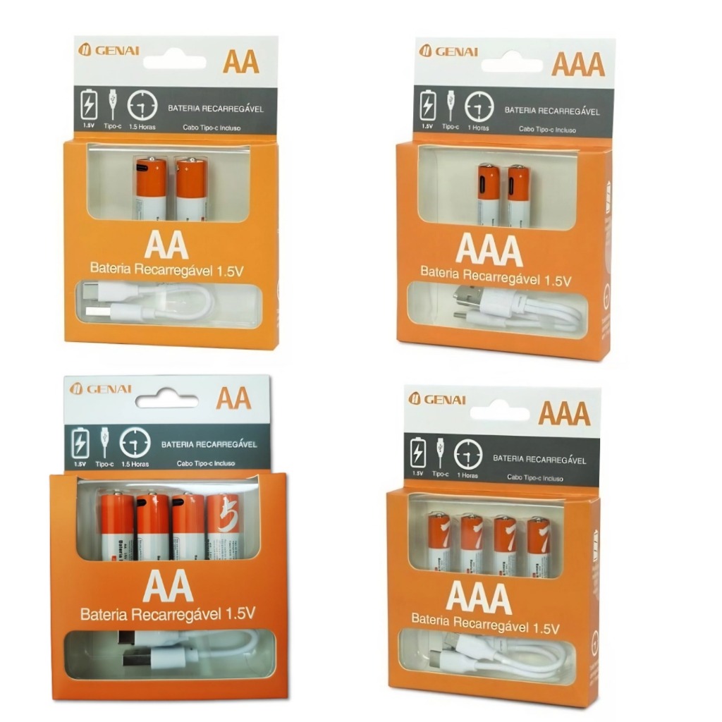 Bateria Recarregável Pilhas AA AAA 1.5v Usb-C par
