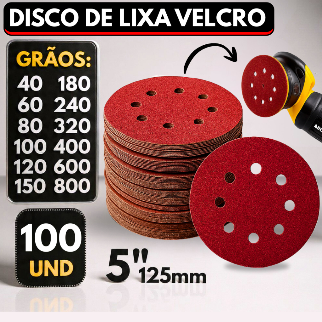 Kit 100 Disco de Lixa Velcro Circular 125mm 8 Furo