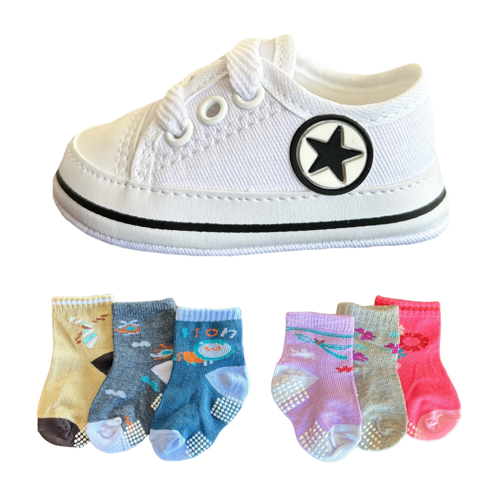 Kit Tênis Sapatinho e 3 Pares Meias para Bebê Re