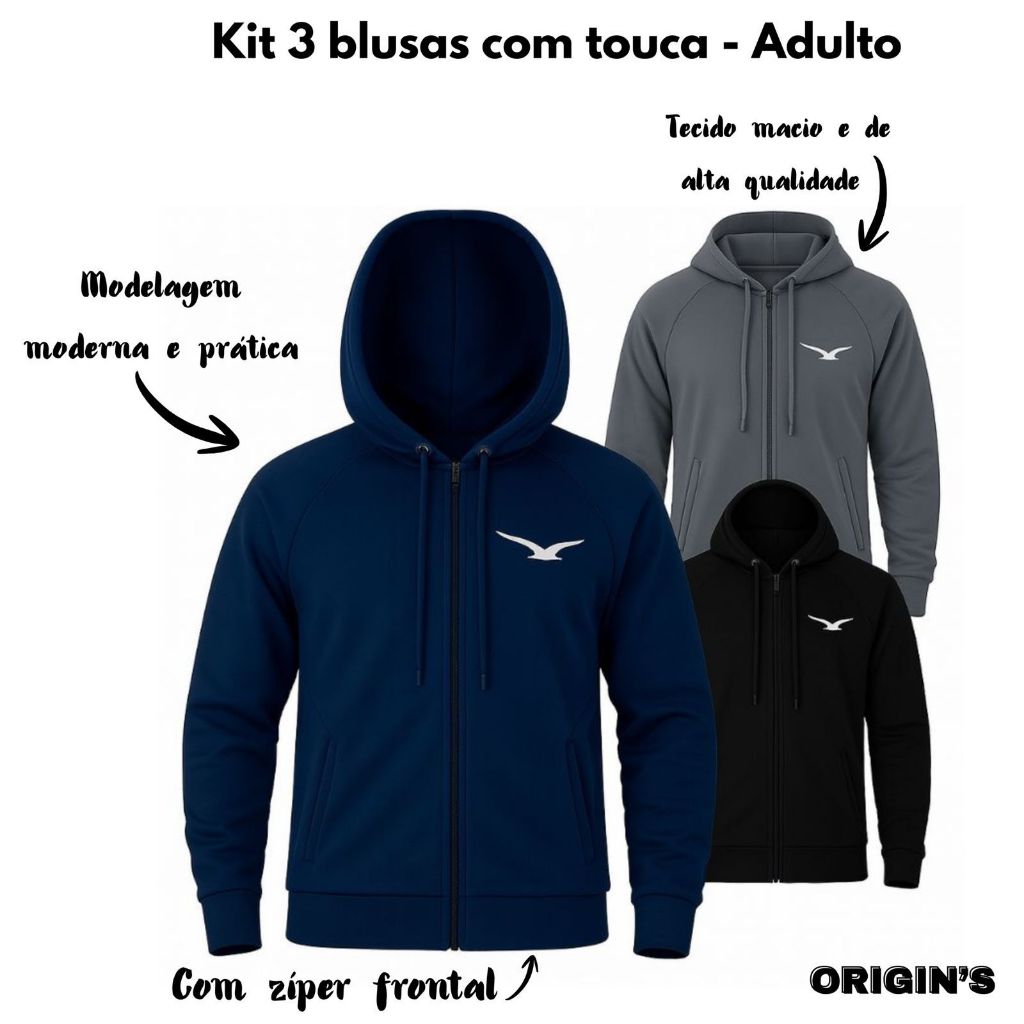 Super Kit 3 Jaquetas Jogger Com Capuz Ziper Cordã