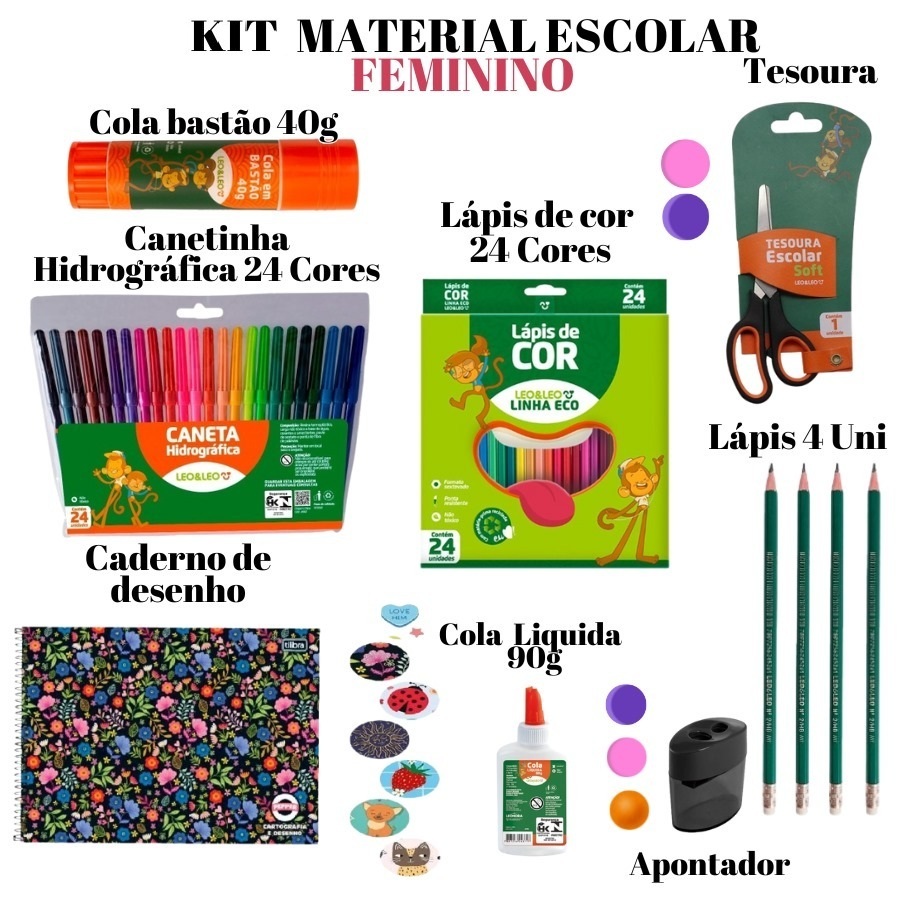 KIT Material Escolar De 4 Lápis 24 Caneta 24 Láp