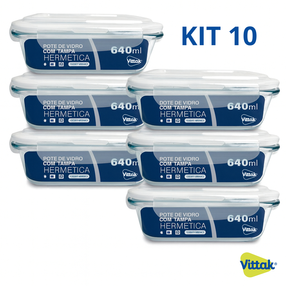 Vittak Kit 10 Potes De Vidro 640ml Hermético Reta