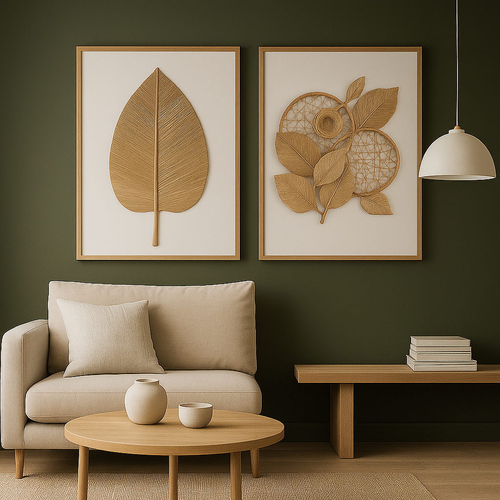 Kit com 2 Quadros Decorativos Palha  Moldura de Ma