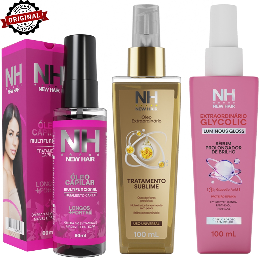 Kit 3 Óleos Para Cabelo NEW HAIR | Sérum Glycoli