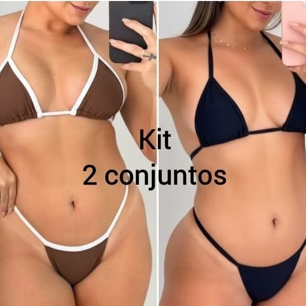 kit 2 conjuntos de biquínis feminino bicolor fita