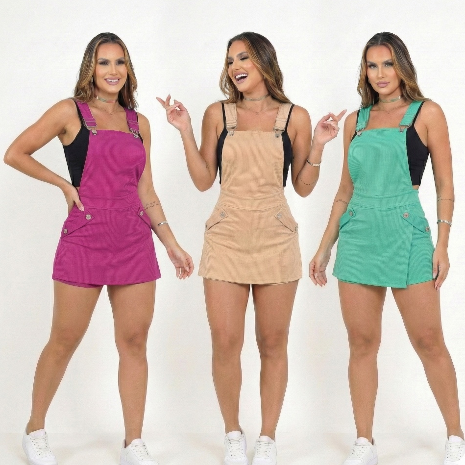 Jardineira Short Salopete Feminina Bengaline Canel