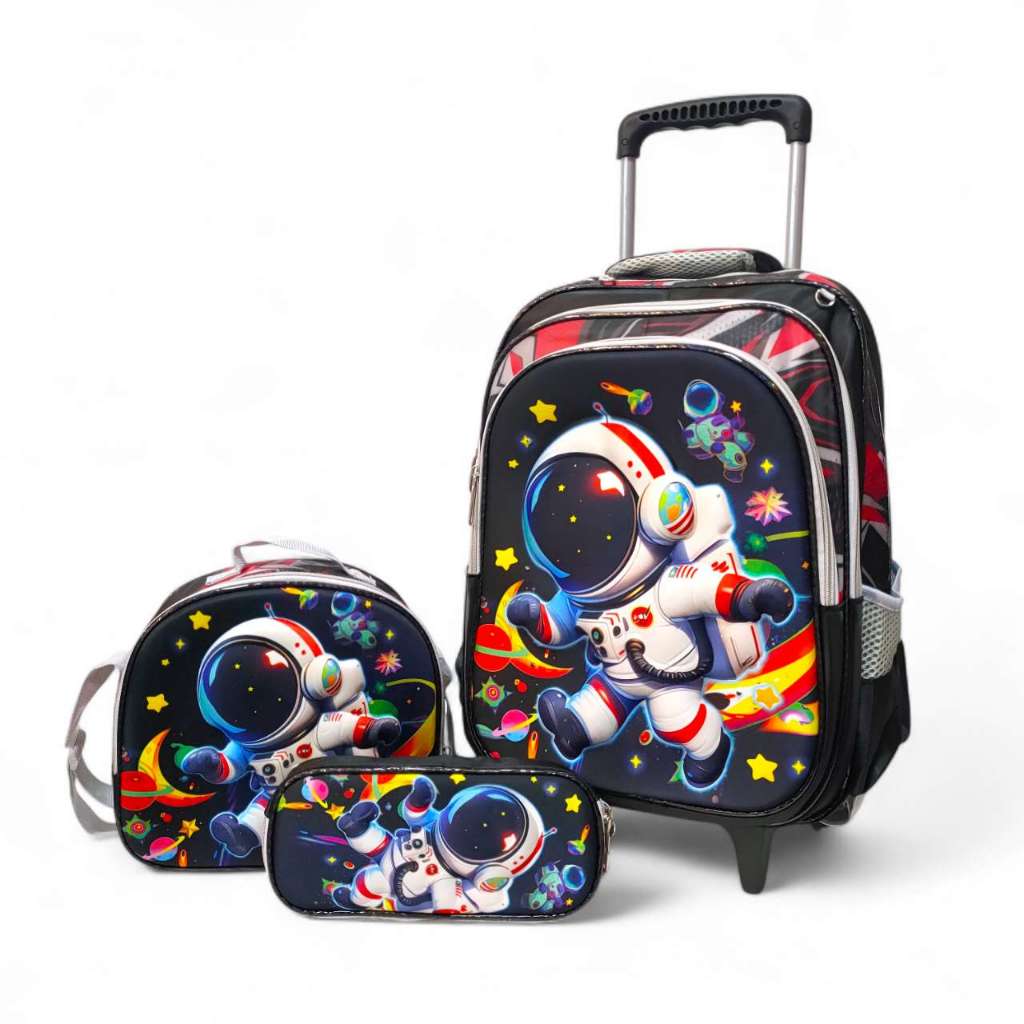 Kit Mochila Infantil com Rodinhas Astronauta 3D co