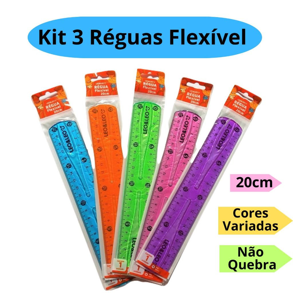 Kit 3 Régua Flexível 20cm Colorida Escolar ̵