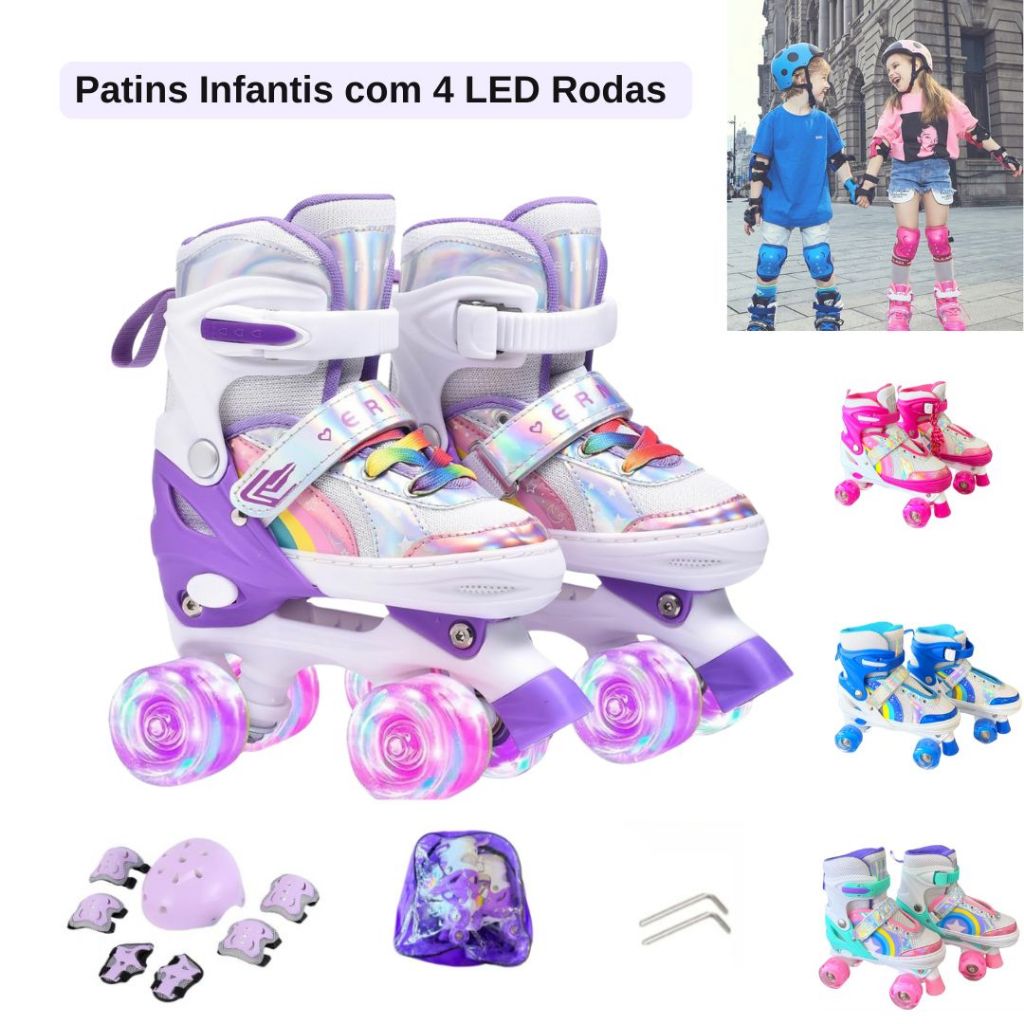 Patins Infantis com 4 Rodas Brilhantes ajustáveis