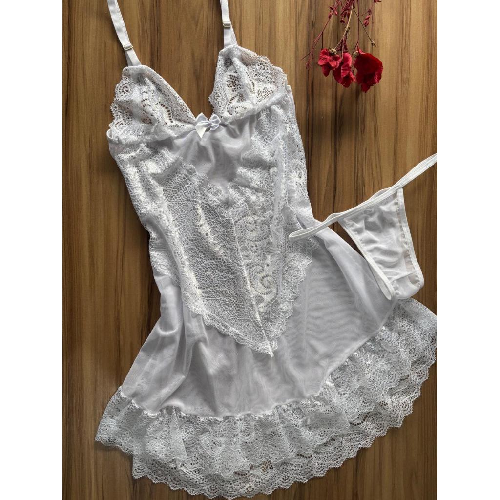Camisola Tule Acompanha Calcinha Transparente Com 