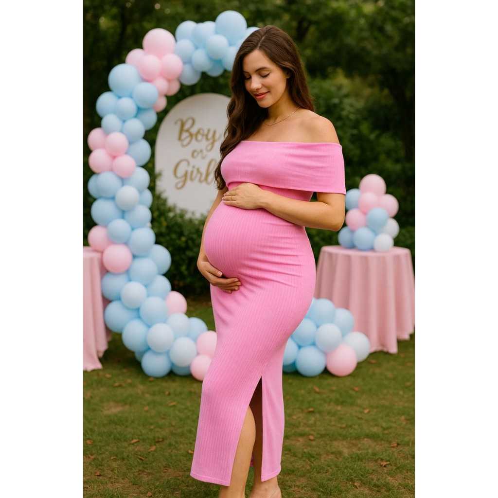 Vestido Gestante Midi canelado Ombro a Ombro com F