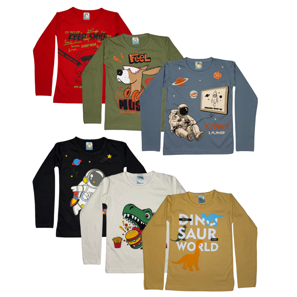 Kit 3 Camisas Manga Longa Menino Básica Infantil 