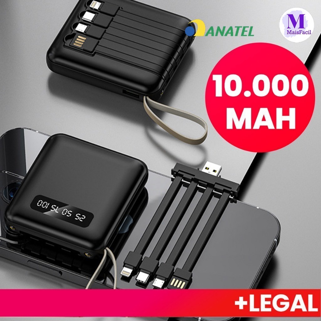 Carregador Portátil 10000mah Com 4 Cabos De Carre
