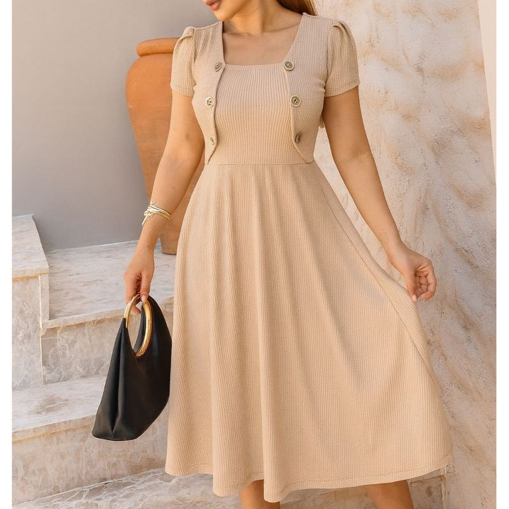 Vestido Solto Midi com Detalhes de Botões e Blaze