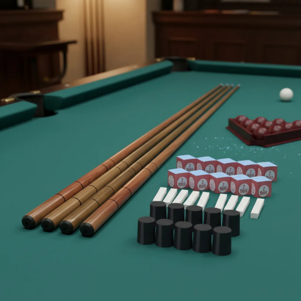 4 Tacos Sinuca Bilhar 1.45m + Kit Virolas Giz Azul