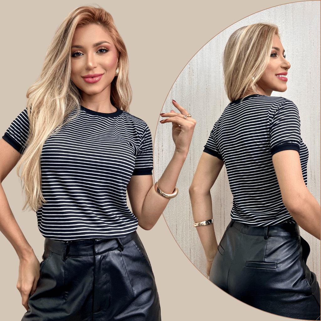 Blusa Camiseta Listrada Manga Curta P ao GG T-shir