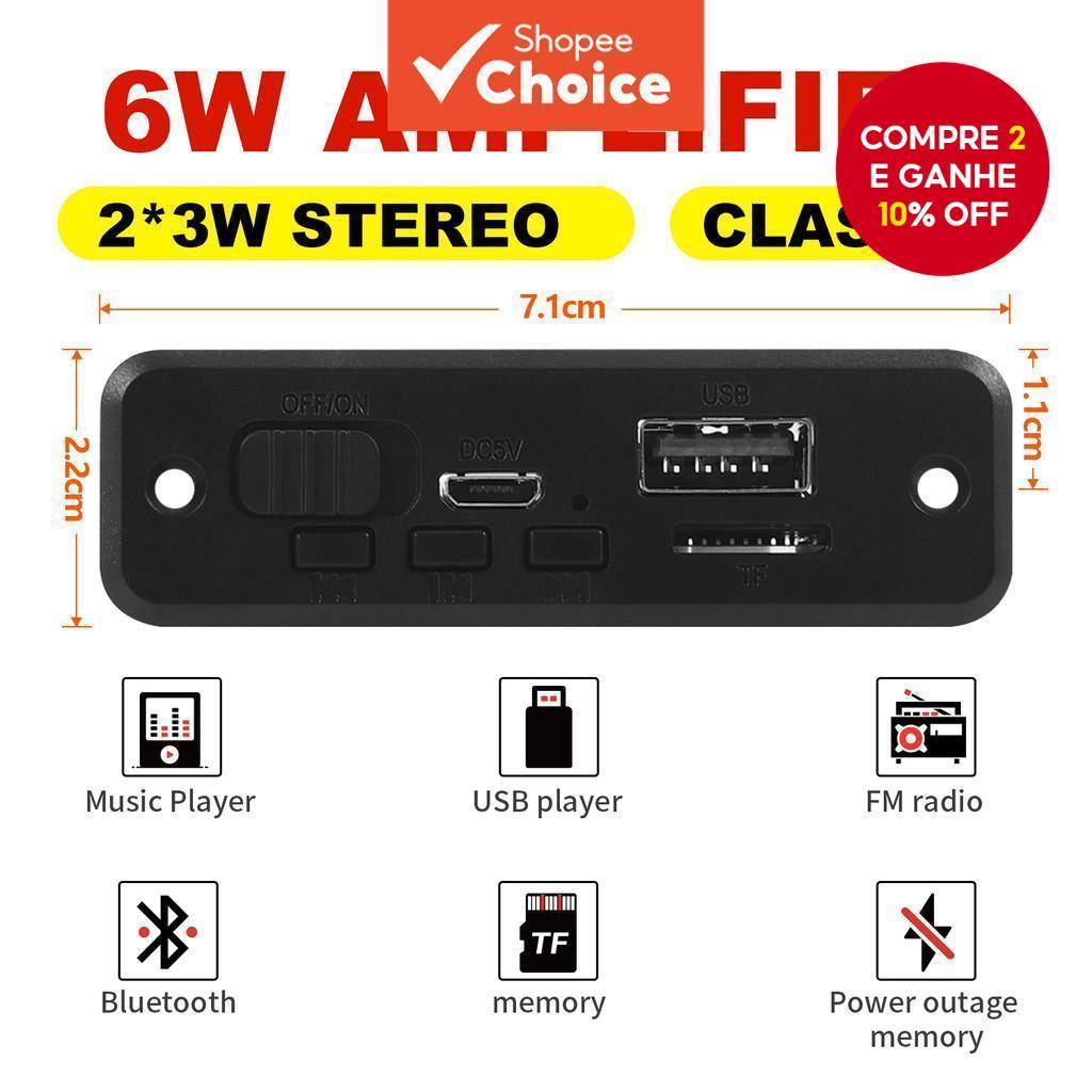 Placa Decodificadora MP3 5V 6W Bluetooth 5.0 FM Ca