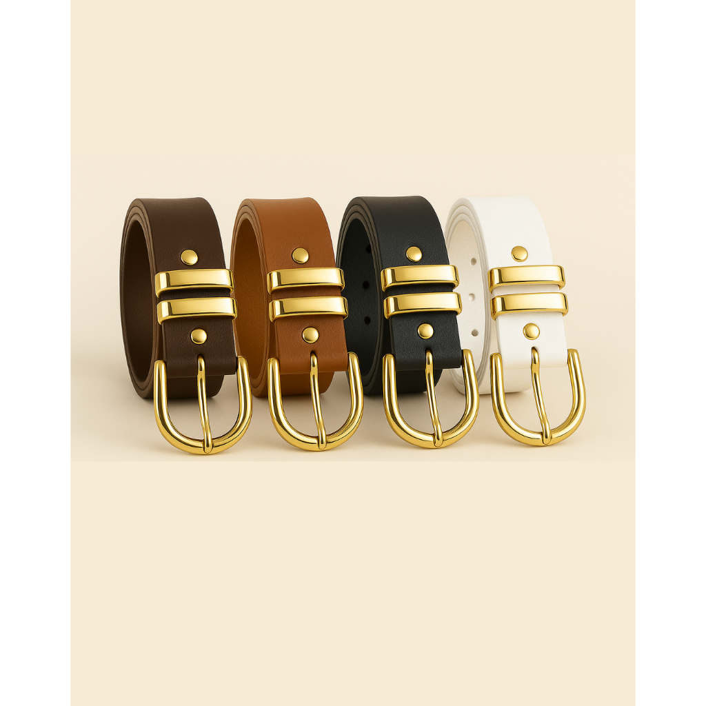 Kit 4 Cintos Femininos | Fivela Dourada Luxo | Aju