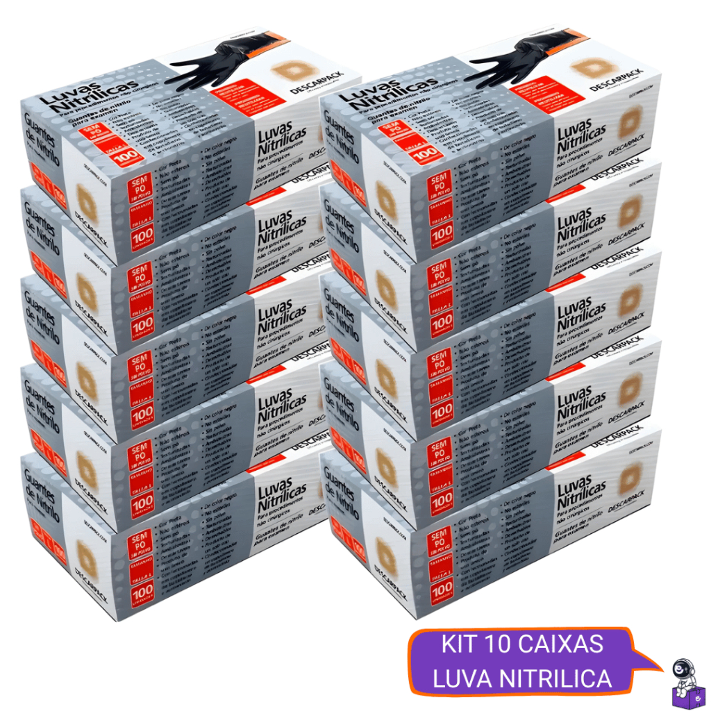 Kit 10 Luva Nitrilica Preta Sem Pó Descartável (