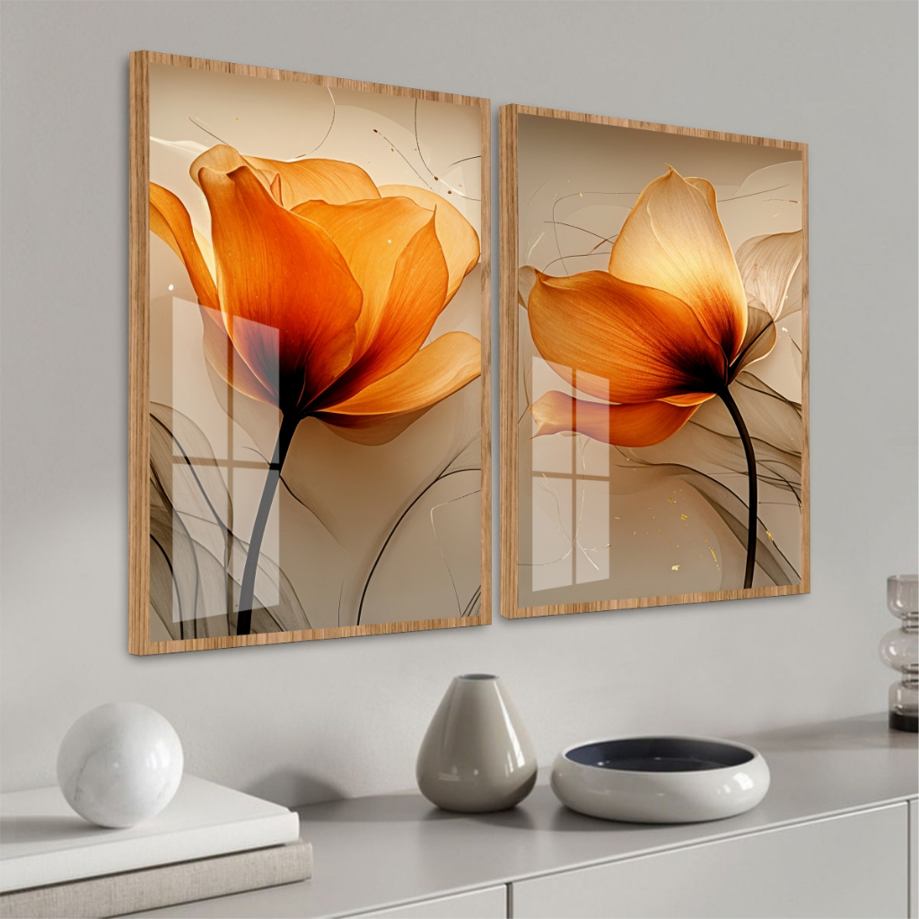 Quadro Moldura Vidro Kit 2 Peças Grandes Flor Mod