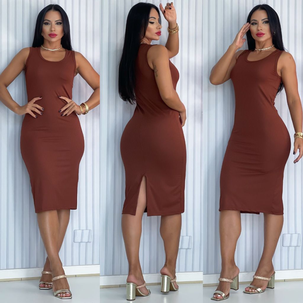 Vestido Feminino Canelado Regata com fenda
