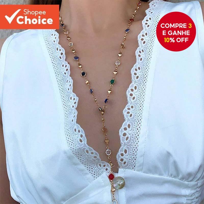 Colar De Contas De Cristal Boêmio Longo Colorido 