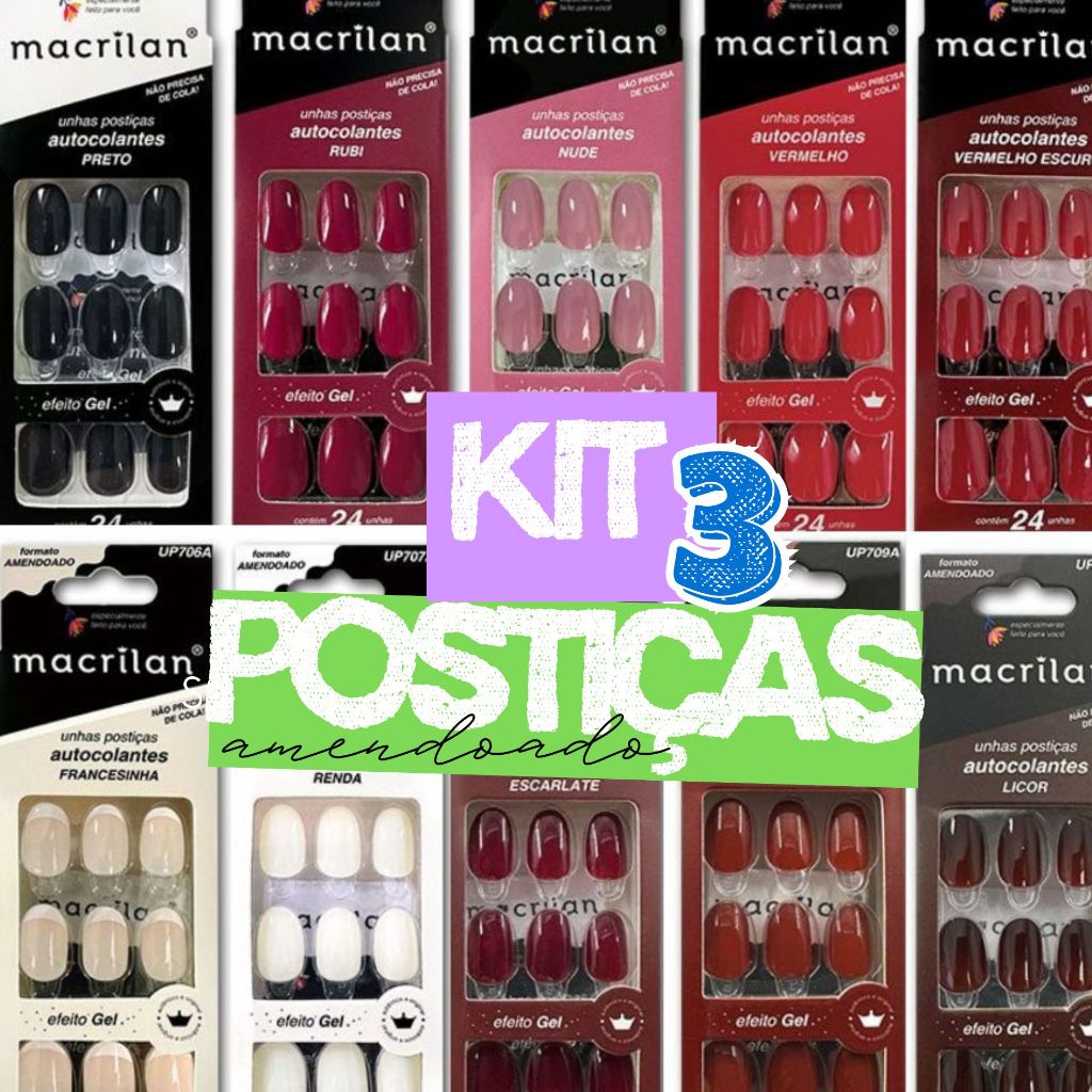 KIT 3 UNHAS POSTIÇAS AMENDOADO COLANTES MACRILAN 