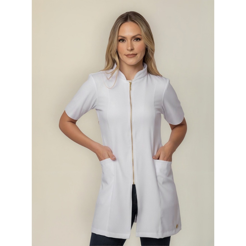 Jaleco Manga Curta Com Bolso E Zíper Acinturado T