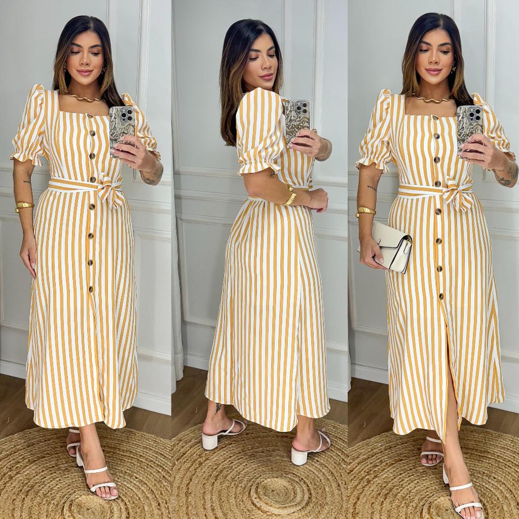 Vestido Longo Listrado com Botões e Cinto –