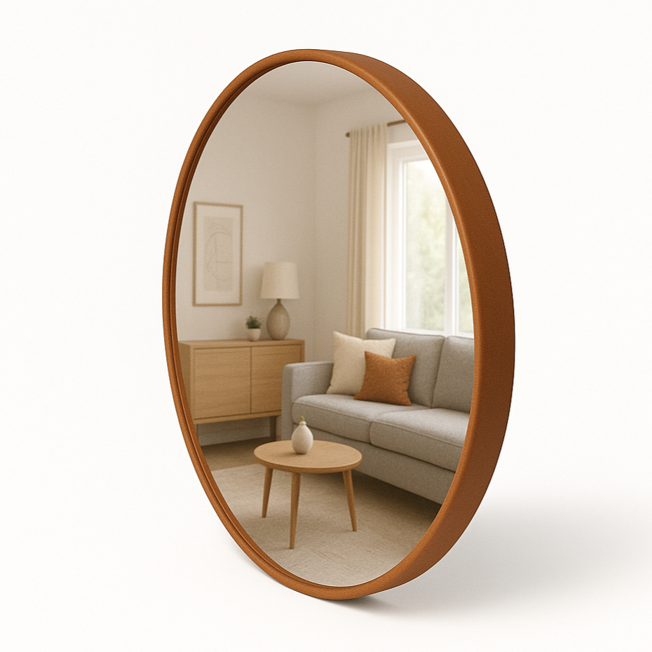 Espelho Adnet Grande Redondo Moldura de Couro Vár