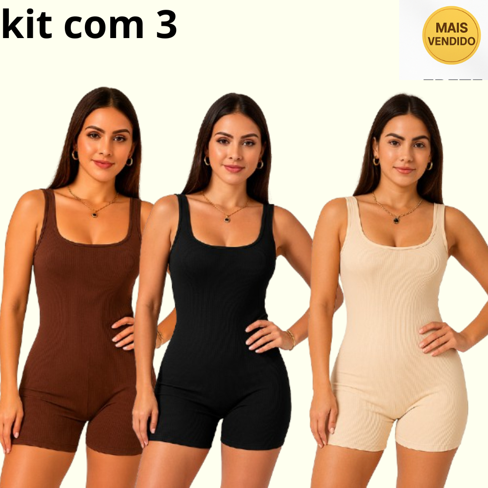 Kit 3 Macaquinho Feminino Academia Canelado Ribana